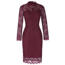 Kate Kasin Mujeres Elegante Delgado Ajustar Manga Larga Hips-Wrapped Vino rojo Lace Bodycon Pencil Dress KK001006-1